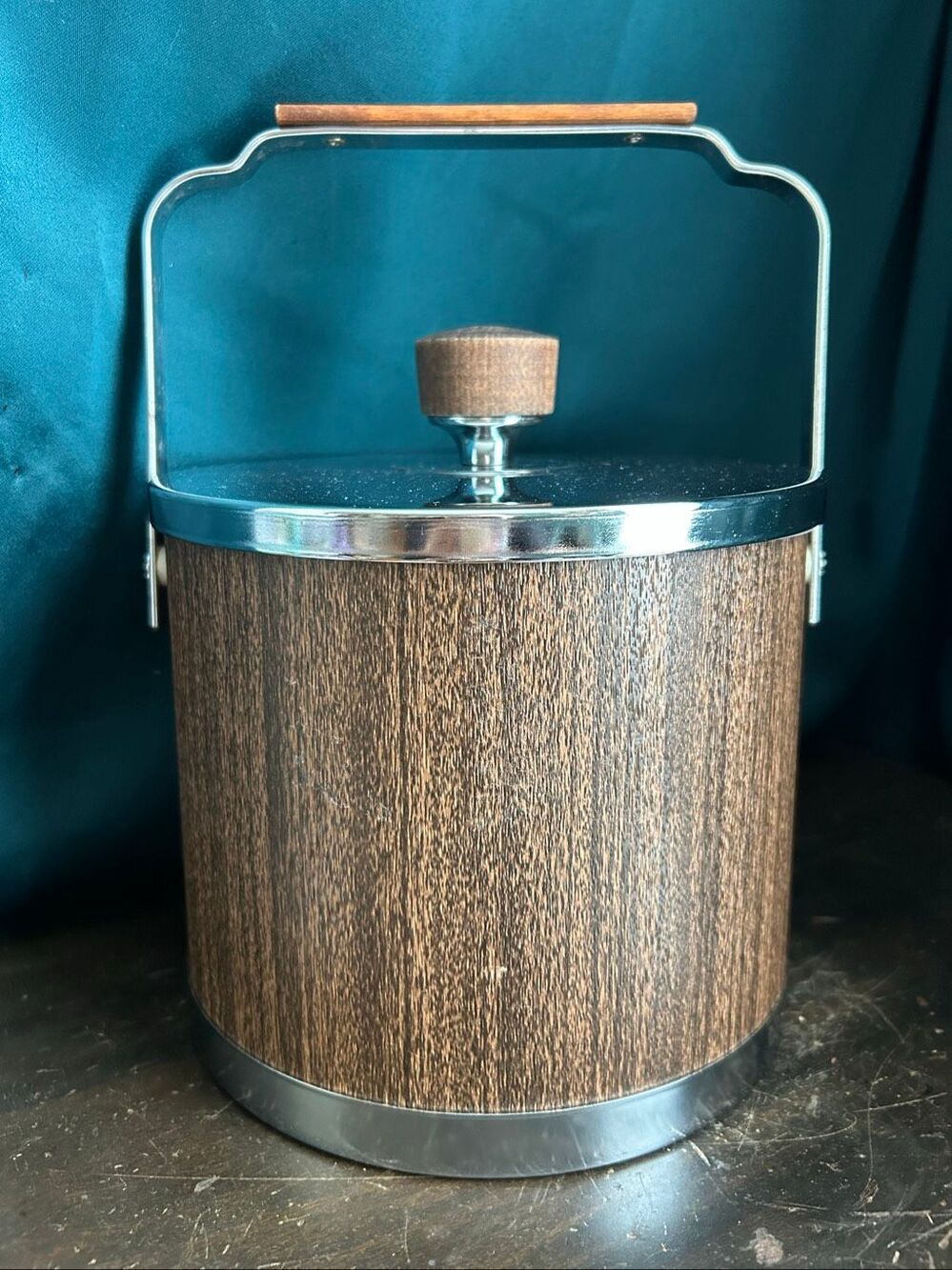 Mid-Century Atapco USA Chrome Woodgrain Ice Bucket